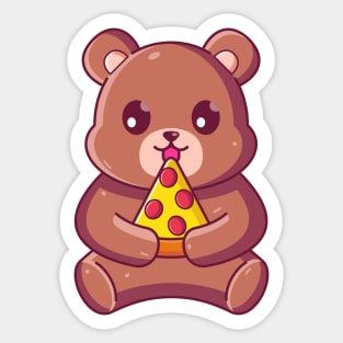 Cute brown bear eating pizza Sticker